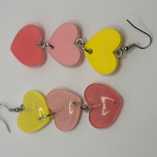 Long Large triple sherbet heart earrings , Glitter, Resin Fun 9.5 cm Long - Picture 65 of 73