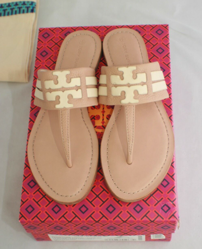 Tory Burch Leigh Tumbled Leather Thong Sandals Size 9 Cream #74443 05MM NIB New - 第 1/9 張圖片