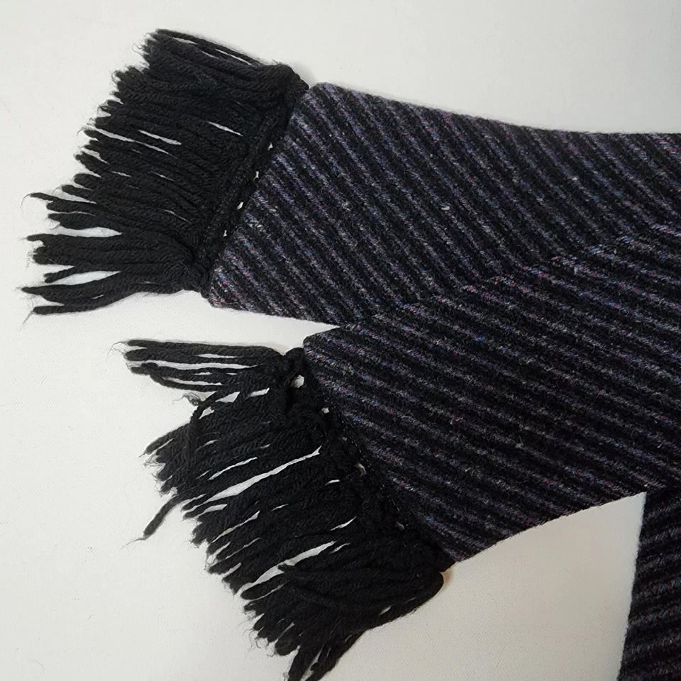 Vtg Tweed Wool Fringe Scarf Coat Women's L Black Purple Blue Striped Retro Femme - Image 4 of 4
