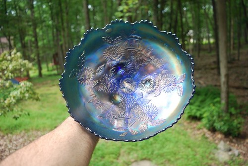 BEAUTIFUL FENTON BLUE CARNIVAL GLASS CHRYSANTHEMUM 10 1/2" ICE CREAM SHAPE BOWL - Picture 5 of 11