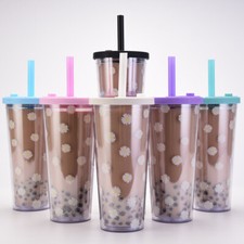 Reusable Boba Tea Cup 20oz with Straw, Lid & Daisy Pattern – Eco-Friendly Design
