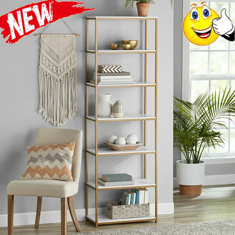 Gold Metal Frame White 6-Shelf Bookcase for Open Storage Display