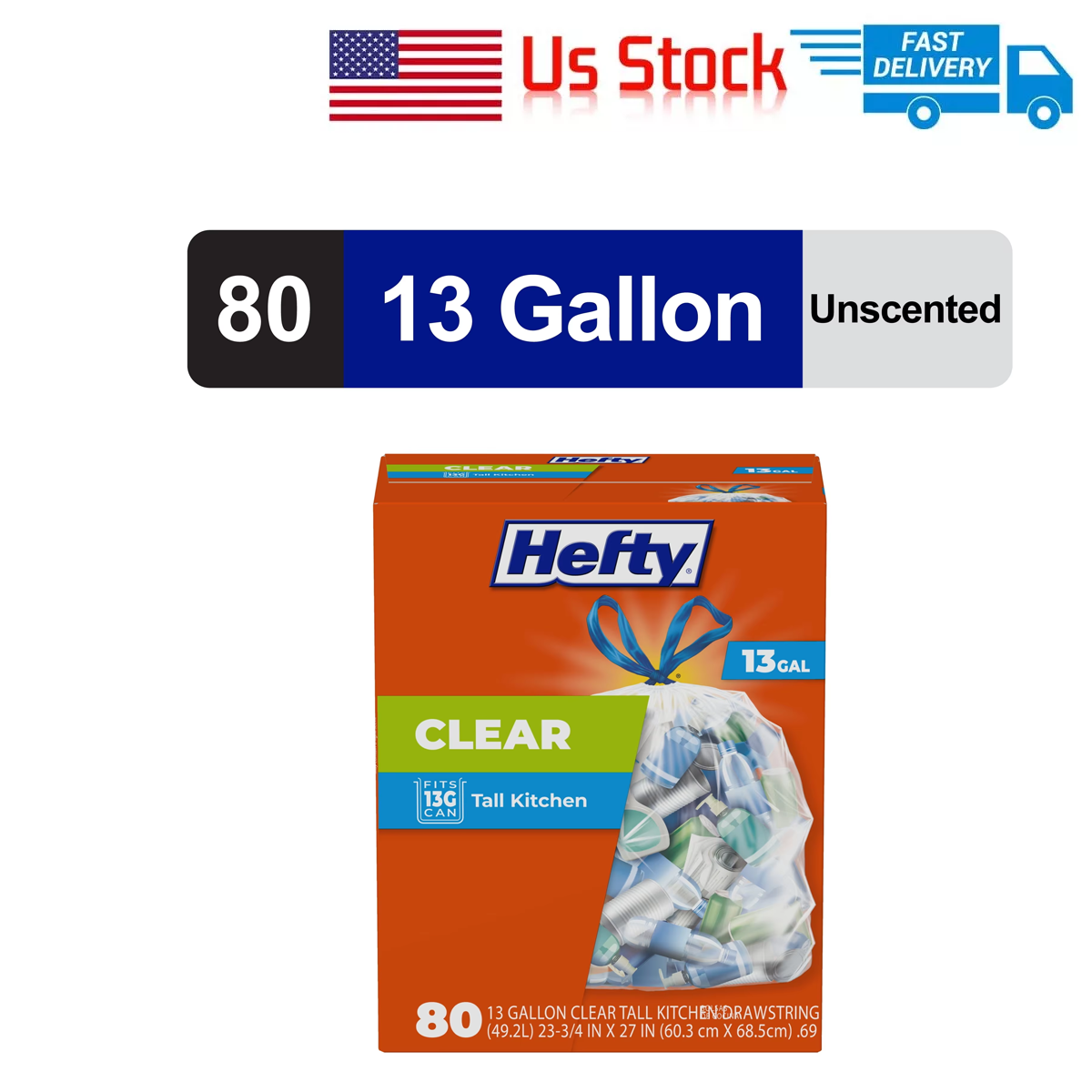 Clear Trash Bags 13 Gallon 80 Count Drawstring Puncture Resistant Kitchen Garage