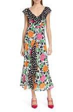 RIXO Black White Floral Polka Dot Print Ruffle V-Neck Midi Dress XS 0/2 INTERMIX