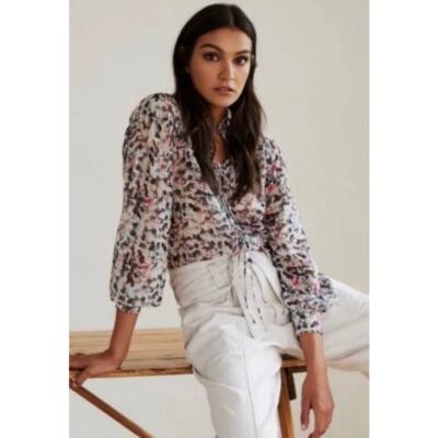 REISS Talia Floral Print Blouse Cream Gray Pink Women US 6 Ruffle Trim Romantic