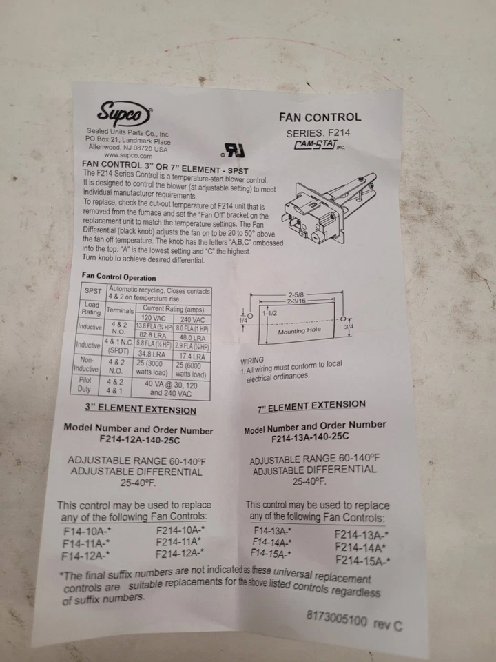 CONTROL VENTILADOR SUPCO F21413A14025C 7" 60-140F Foto 3 de 4