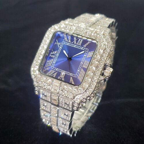 Orologio Uomo Hip Hop Lusso Completamente Ghiacciato Bling Diamante Argento Blu Quadrato - Foto 2 di 5