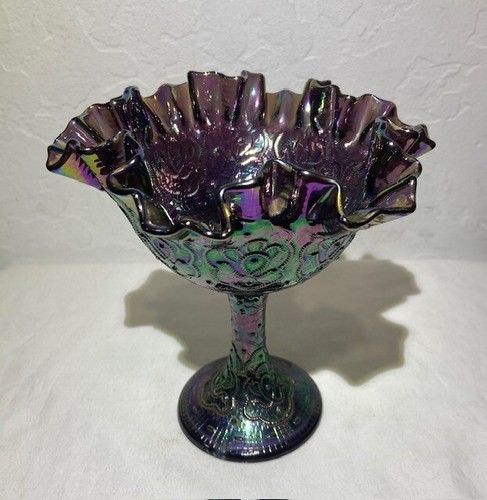 Vintage Fenton Carnival Glass Large Blue Persian Medallion Compote WOW COLOR!!! - Picture 4 of 9