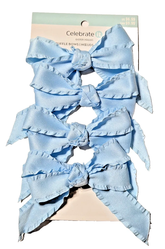 Celebrate It Easter/Holiday/Craft Ruffle BOWS 4 Pieces Blue 4" Wide NEW - Image 4 of 4