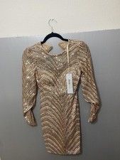 Jovani Dress Womens 2 Rose Gold Sequin Chevron Bodycon Long Sleeve Open Back