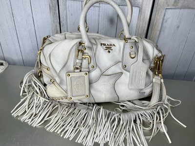 Prada Taupe Gold Leather Antik Cervo Fringe Large Bowler Bag Top