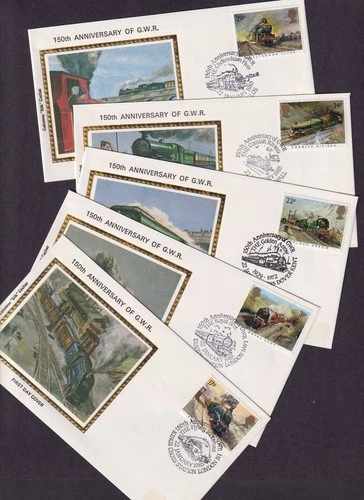 1985 Great Britain GWR 150th Anniv Sc 1028-1032 FDC Colorano Silk cachets Trains