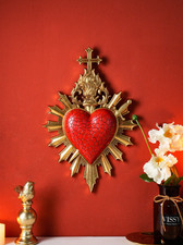 3D Sacred Heart Wall Sculpture Gothic Flame Cross Religious Hanging Decor