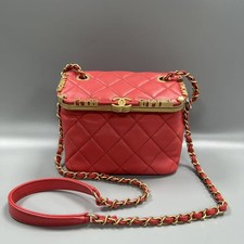Auth  Chanel Trendy CC Red Quilted Lambskin Box Bag Aged Gold Hardware