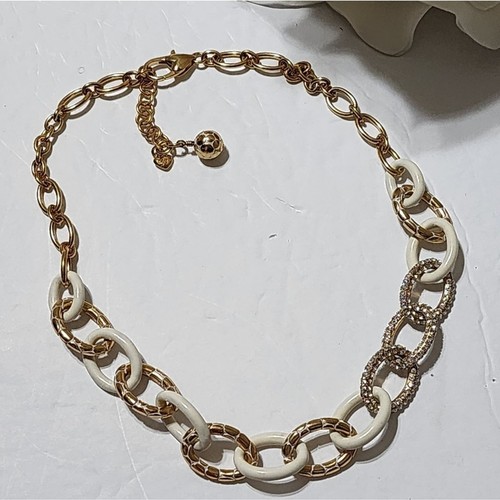 BRIGHTON PEBBLE PAVE LINK Gold tone Crystal & Enamel 20" NECKLACE New