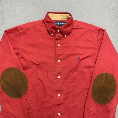 Ralph Lauren Shirt Mens Medium Red Classic Fit Suede Elbow Patches Button Down