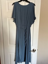 VINCE CAMUTO Women Dusty Blue Rumple Satin Cold Shoulder Midi Dress sz.XS-S EUC