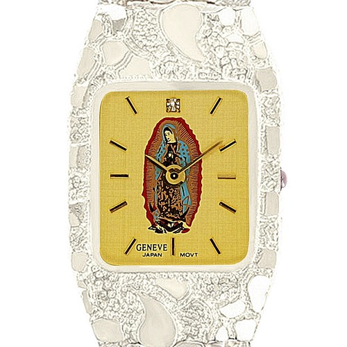 Women's Sterling Silver Nugget Link Wrist Watch Guadalupe Geneve Diamond 8-8.5" - Picture 3 of 4