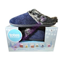 Totes Women's Cozy Memory Foam Slippers, Size XL 9-10 , Navy Blue 35109