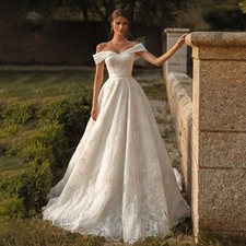 Exquisite Lace Wedding Dress Off Shoulder V Neck Sweep Train Arabian Bridal Gown