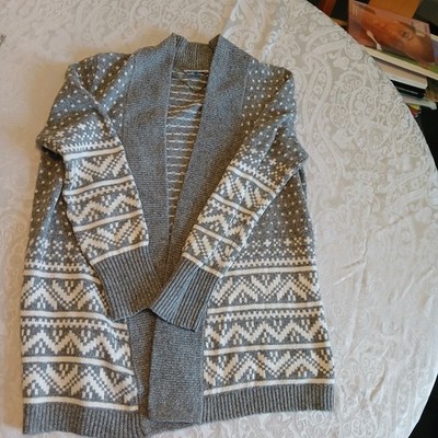 Ann Taylor Loft Cardigan Gray White Cozy Open Front Shawl Collar Women Med...