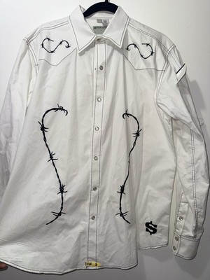 Vintage Ransom Ranch Barbed Wire Western Shirt Pearl Snap Cowboy White Black L