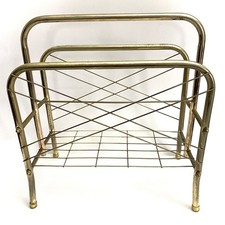 Vtg MCM Regency Type Gold Tone Magazine Rack Book Record Vinyl Stand Holder