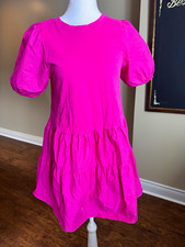 Zara Women's Pink Solid Cotton Woven Mini Dress XS Puff Sleeve Tiered Ruffle