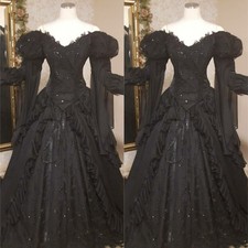 Medieval Black Gothic Wedding Dresses Renaissance Lace Victorian Bridal Gowns