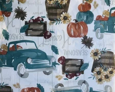 Farm Fresh Fall Harvest Teal Trucks Pumpkins Vinyl Flannel Tablecloth Var Size