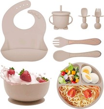 Silicone Baby Feeding Set Divided Plate Bowl Suction Bib Cup Apricot Utensils