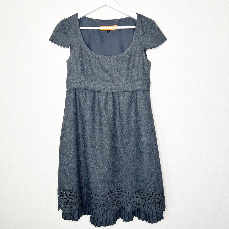 Cynthia Steffe Laser Cut Layered Ruffle Pleated Hem Pocketed Gray Wool Dress 2 - Image 2 of 4