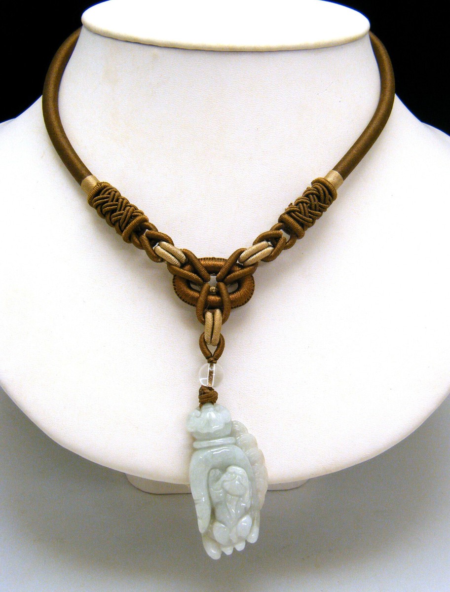 Estate Carved Jadeite Hand Holding Foo Dog Pendant Brown Cordage Necklace