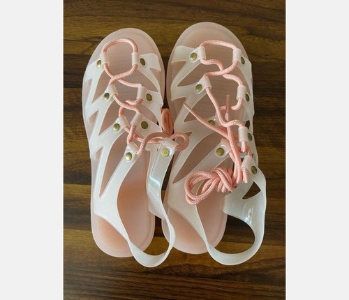 NIP! JELLY LACE UP SANDALS SHOES SZ 7 38 FABULOUS PINK CORAL COLOR - 第 4/8 張圖片