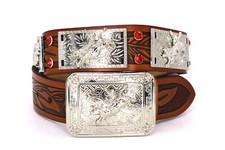 West Star Texas Concho Brown Belt Bull Rider Red Rhinestones strass for Pants 38