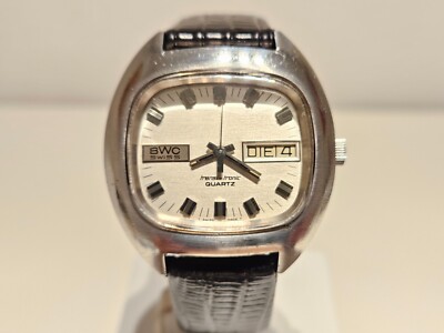 ''BWC'' TRANSI-TRONIC  VINTAGE RARE 40.5mm SPORT ST.STEEL MEN'S SWISS QUARTZ WATCH