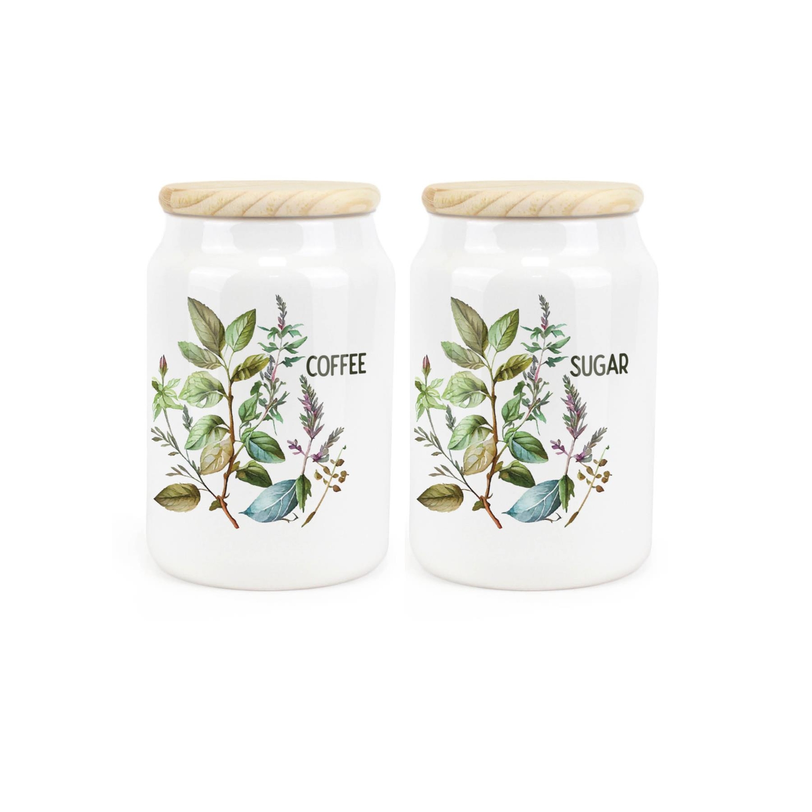 Ceramic Tapered Watercolour Herbs Canisters - Coffee & Sugar Containers