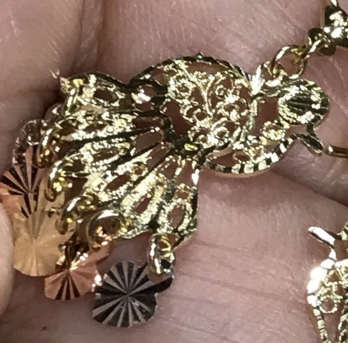 GOLD peacock chandelier earring 14k Solid Gypsy Filigree hang dangle long 1.50" - Picture 7 of 11