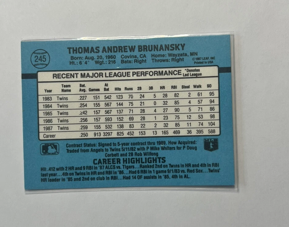 1988 Donruss #245 TOM BRUNANSKY Minnesota Twins - Image 2 of 2