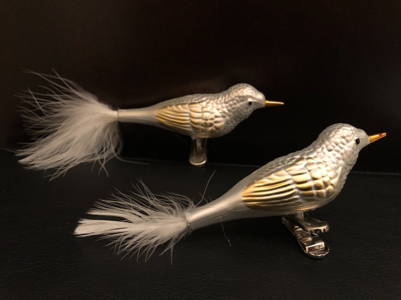 New Cond. - 2 Silver Glass Bird Clip On Ornaments with Feathers - 25+ Yrs. Old