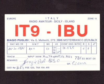 Vintage QSL Card IT9-IBU Amateur Radio Italy 1980 Used - 02160