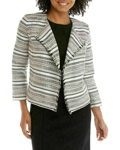 NWT $129 Kasper Women's XS M Black Gray Stripe Open Front Tweed Jacquard Jacket - Picture 2 of 4