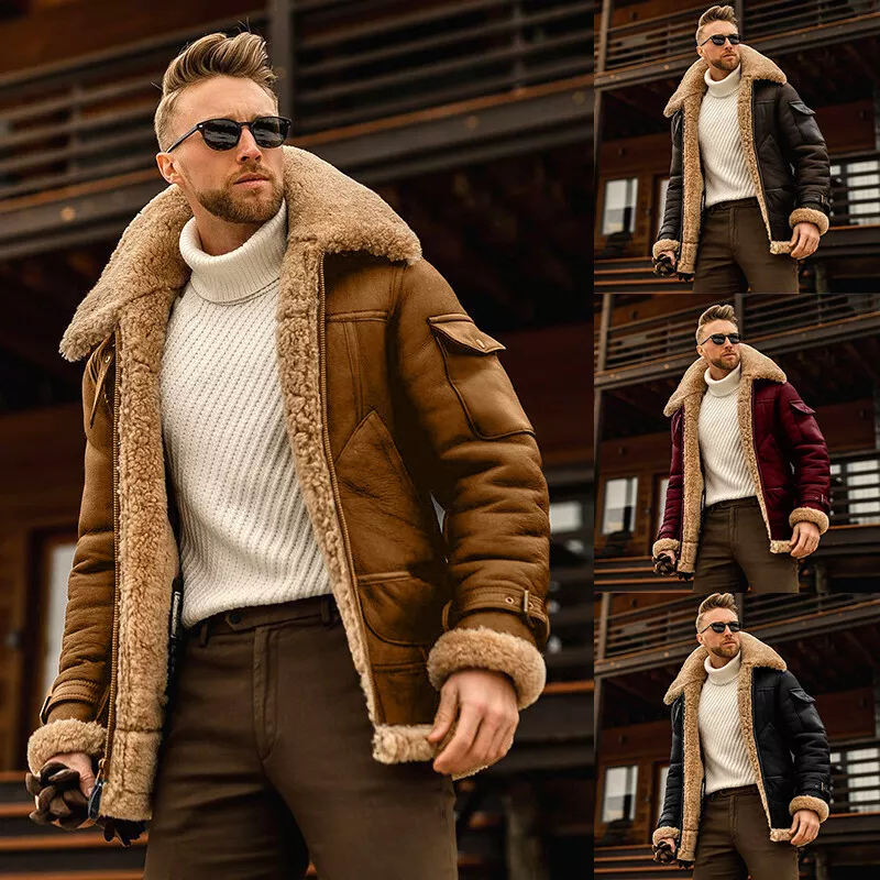 Mens Casual Coat Lapel Jacket Thick Warm Fur Collar Fleece Lined Winter  Jacket ♧