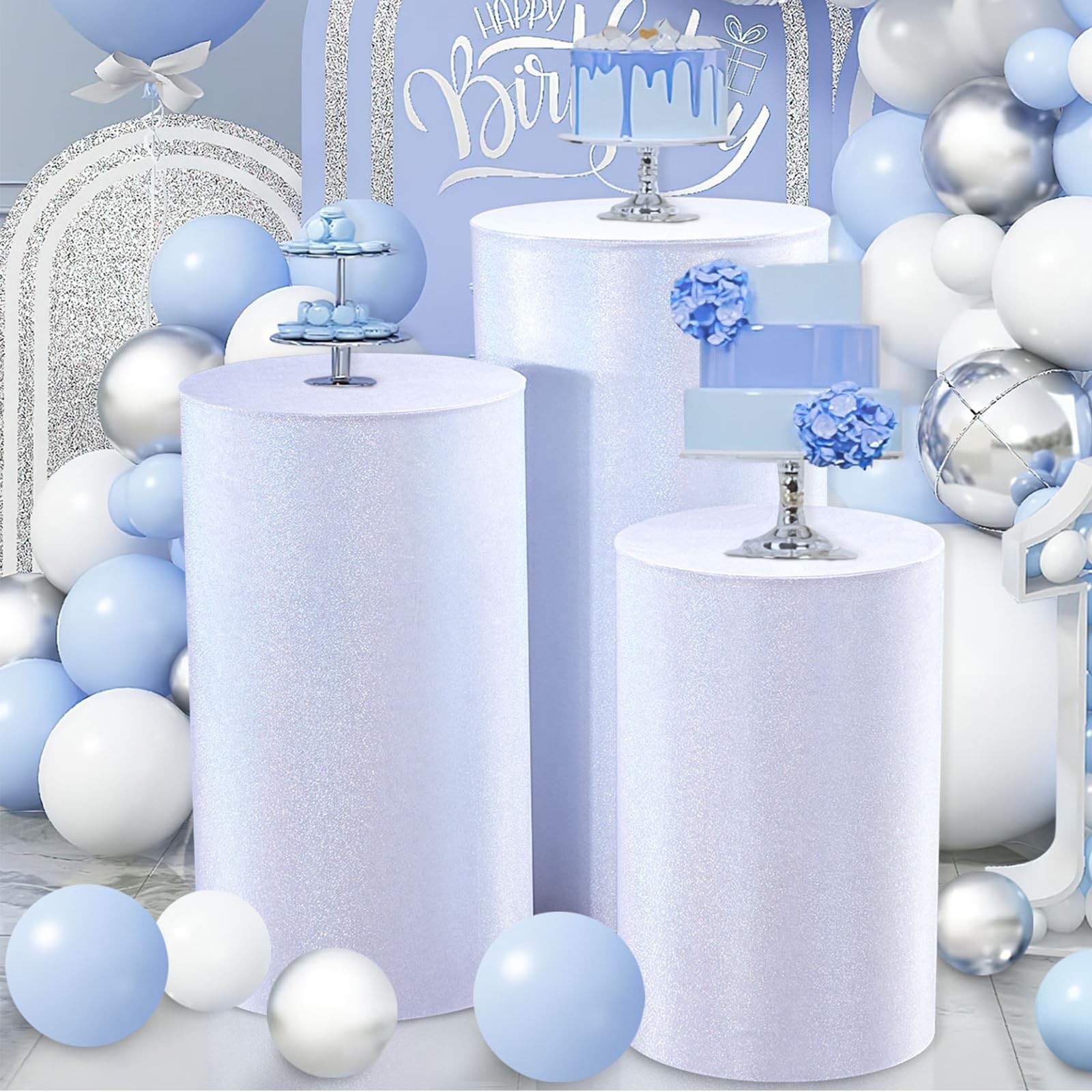 Glitter Pedestal Stand Covers for Parties 3Pcs Silver White Cylinder Pillars