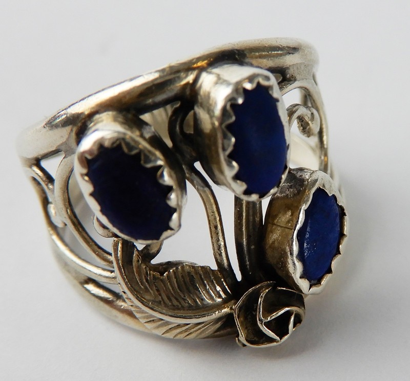 Sterling Silver Artisan Lapis Lazuli 3 Stones Ring Size 6