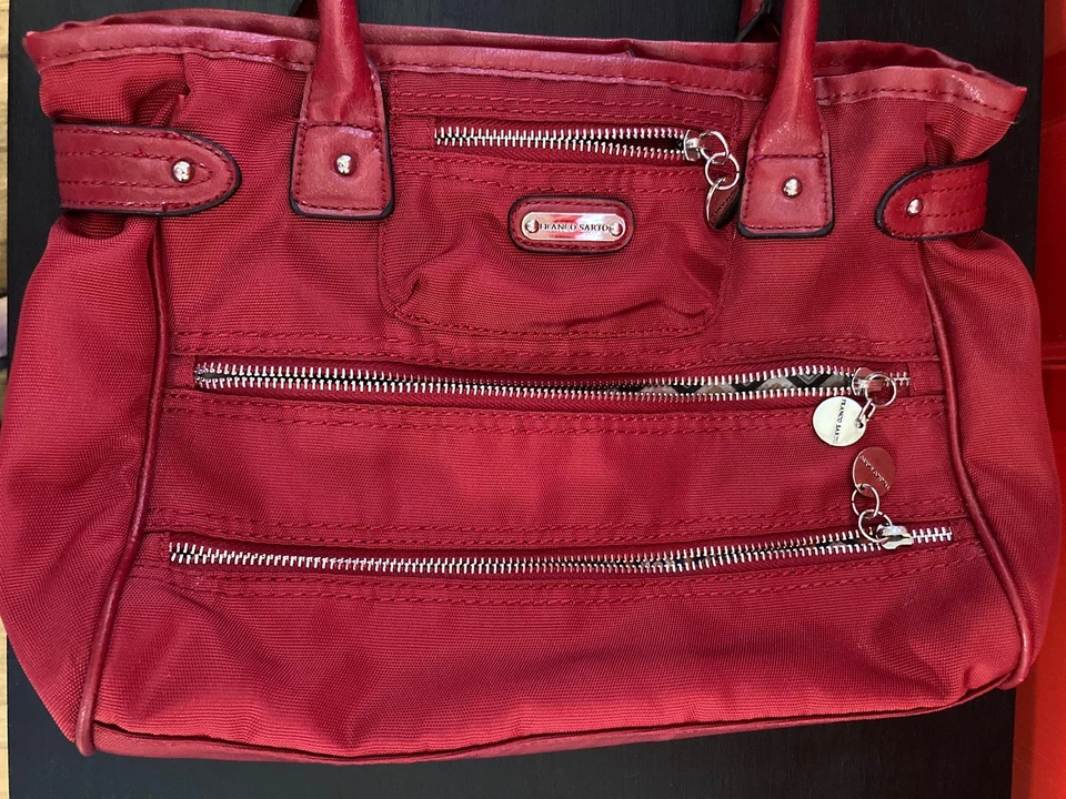 Cartera Roja Franco Sarto Lona Cuero Borde Doble Asa Multi Bolsillo Pequeño Defecto Foto 4 de 4