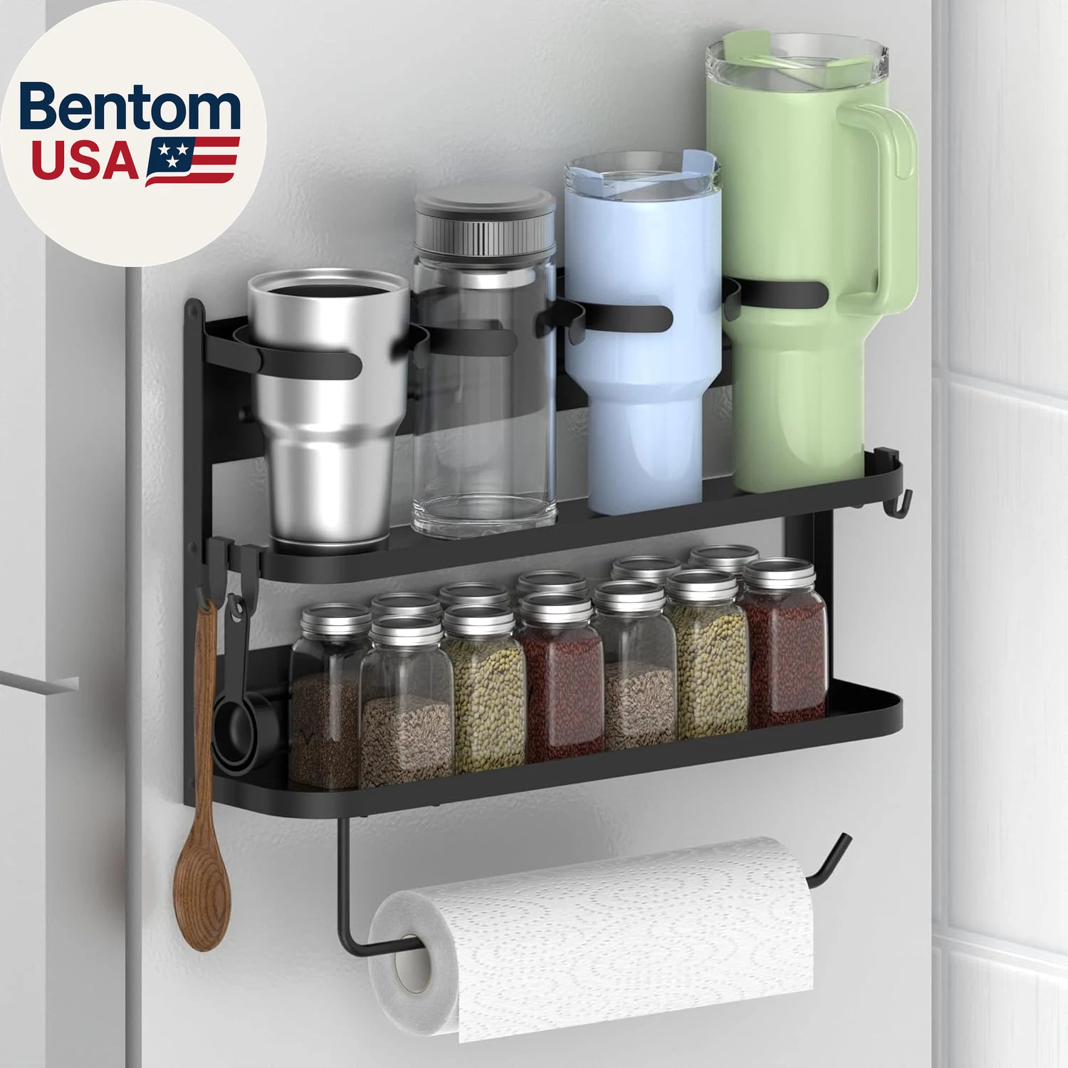 Magnetic Spice Rack,4-Slot Stanley Cup Water Bottle Holder with Paper Towel Hold