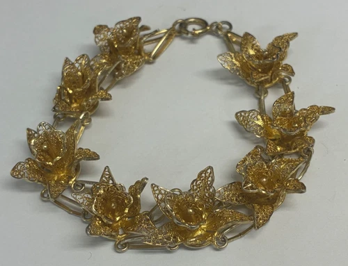VINTAGE BRACELET PLATED FILIGREE DAFFODILS 1950'S DAMAGED LENGTH 7.5"