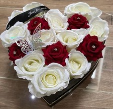 Red White Rose Medium Heart Gift Box Diamante Silver Butterfly Velvet Roses