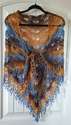 Handmade Crochet Triangle Shawl Fringe Blue Brown Boho Wrap